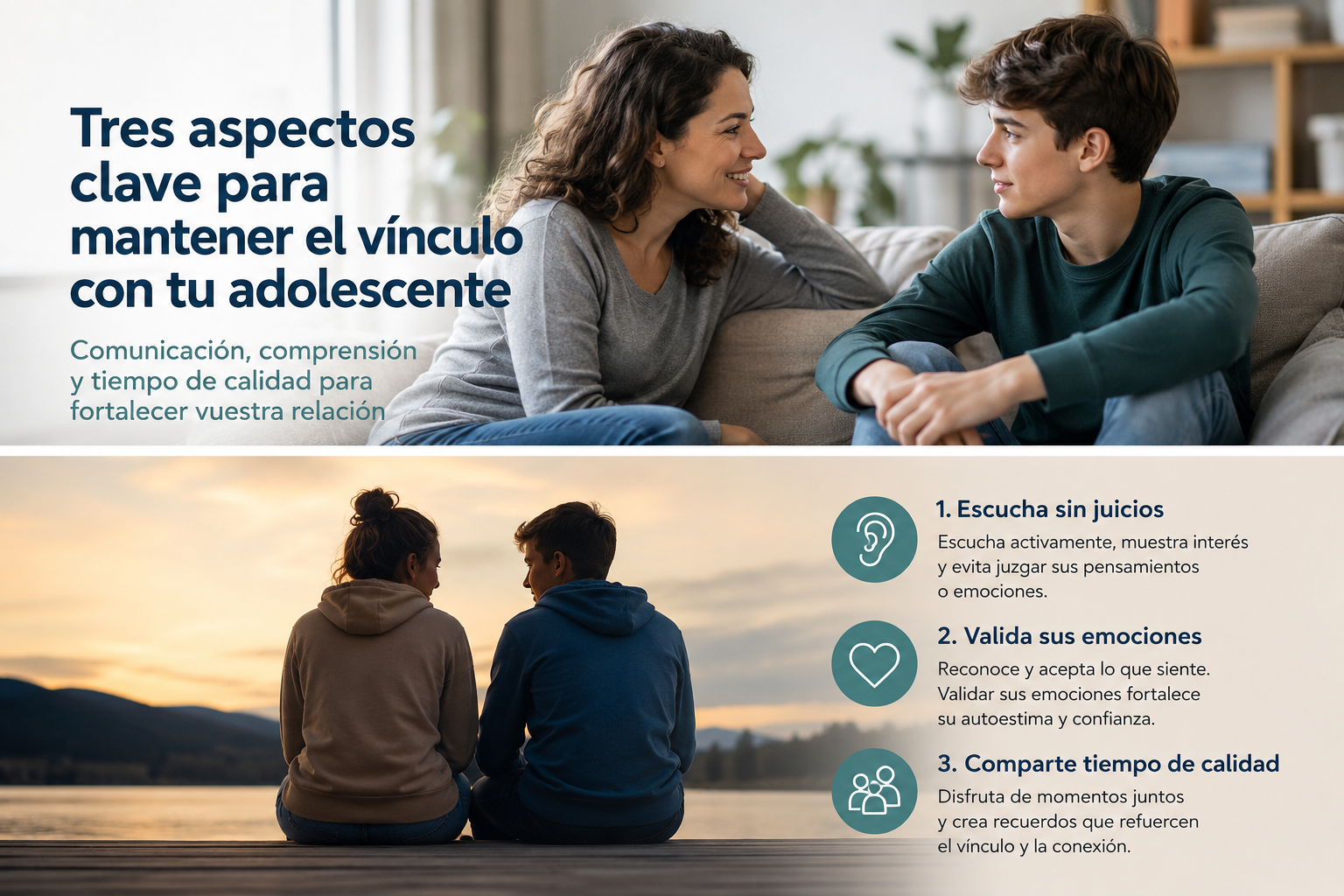 Madre conversando con su hijo adolescente para fortalecer el vínculo familiar